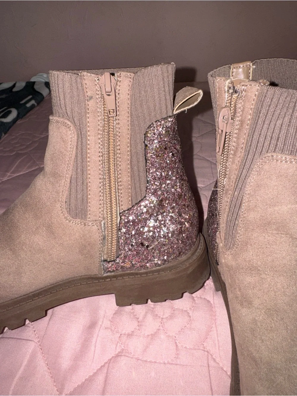 Steve Madden Taupe Suede Ankle Boots with Knit Cuff & Glitter Panel